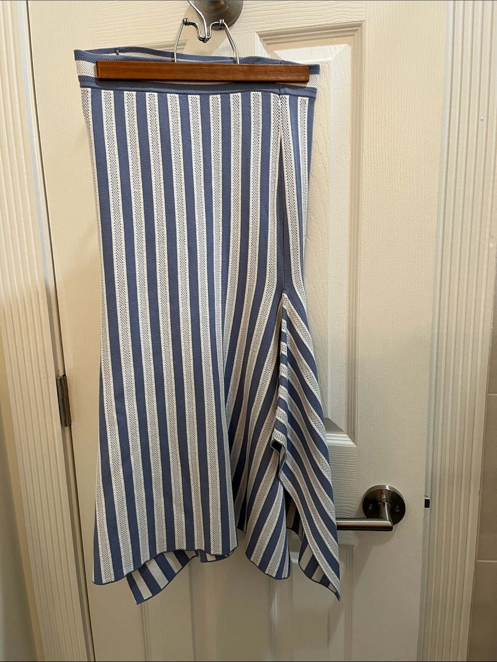 NWT BCBGMaxAzria Blue and White Vertical-Stripe Asymmetrical Skirt